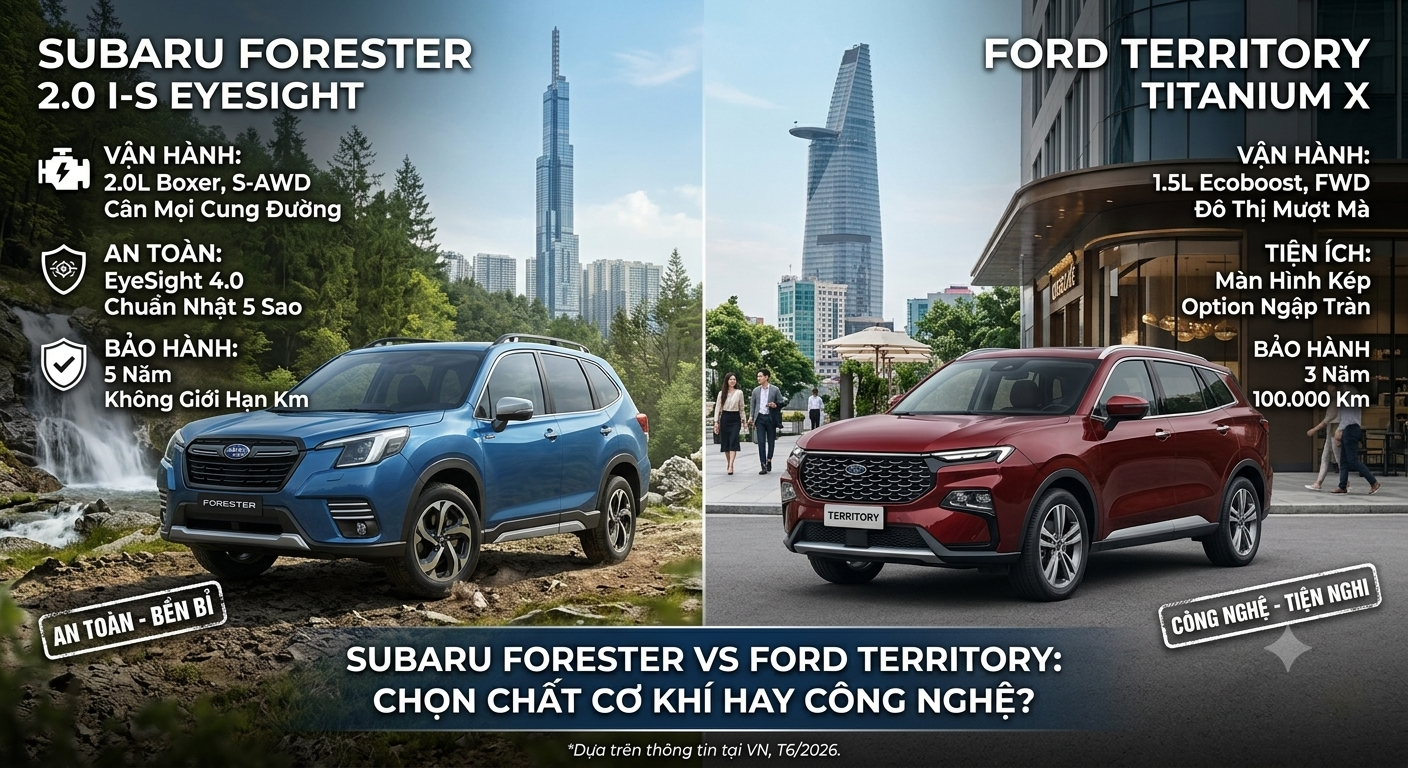 So sánh chi tiết Subaru Forester và Ford Territory về vận hành, tiện ích, giá bán và chi phí nuôi xe thực tế. Tư vấn lựa chọn dòng SUV phù hợp cho gia đình.